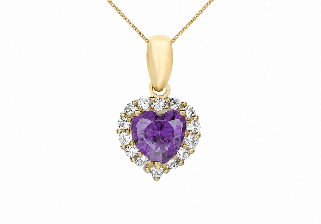 9ct Yellow Gold Amethyst Zirconia Halo Heart Pendant