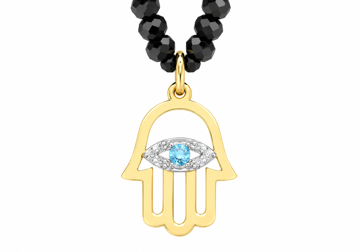 9ct Yellow Gold Blue Topaz 0.02ct Diamond & Black Spinel Hamsa Hand Necklace