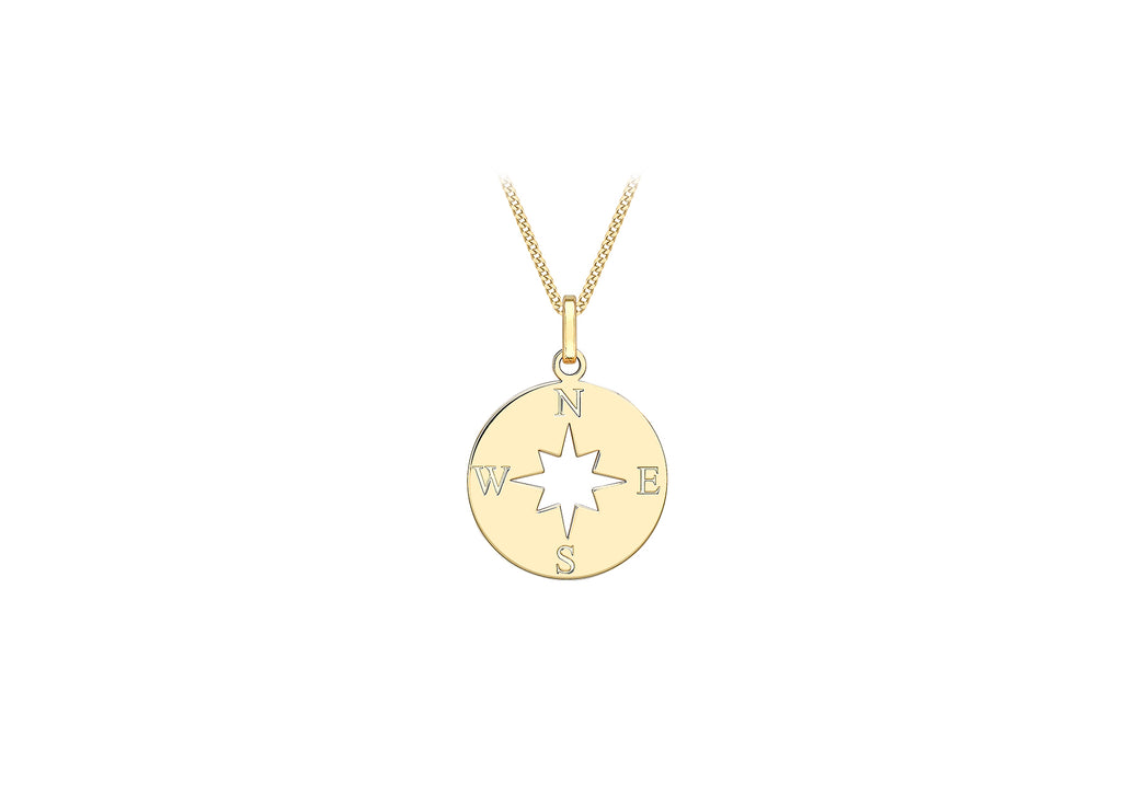 9ct Yellow Gold Compass Rose Disc Pendant Necklace