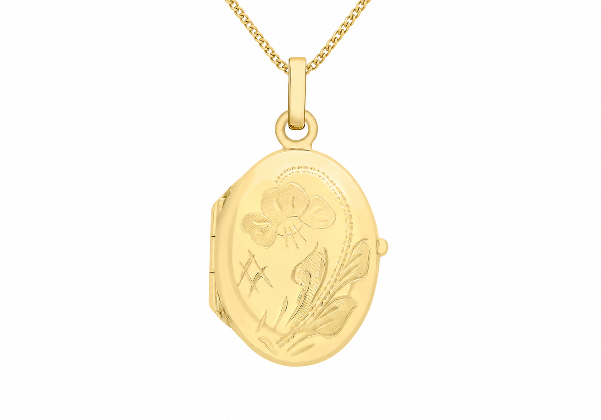 9ct Yellow Gold Engraved Floral Oval Locket