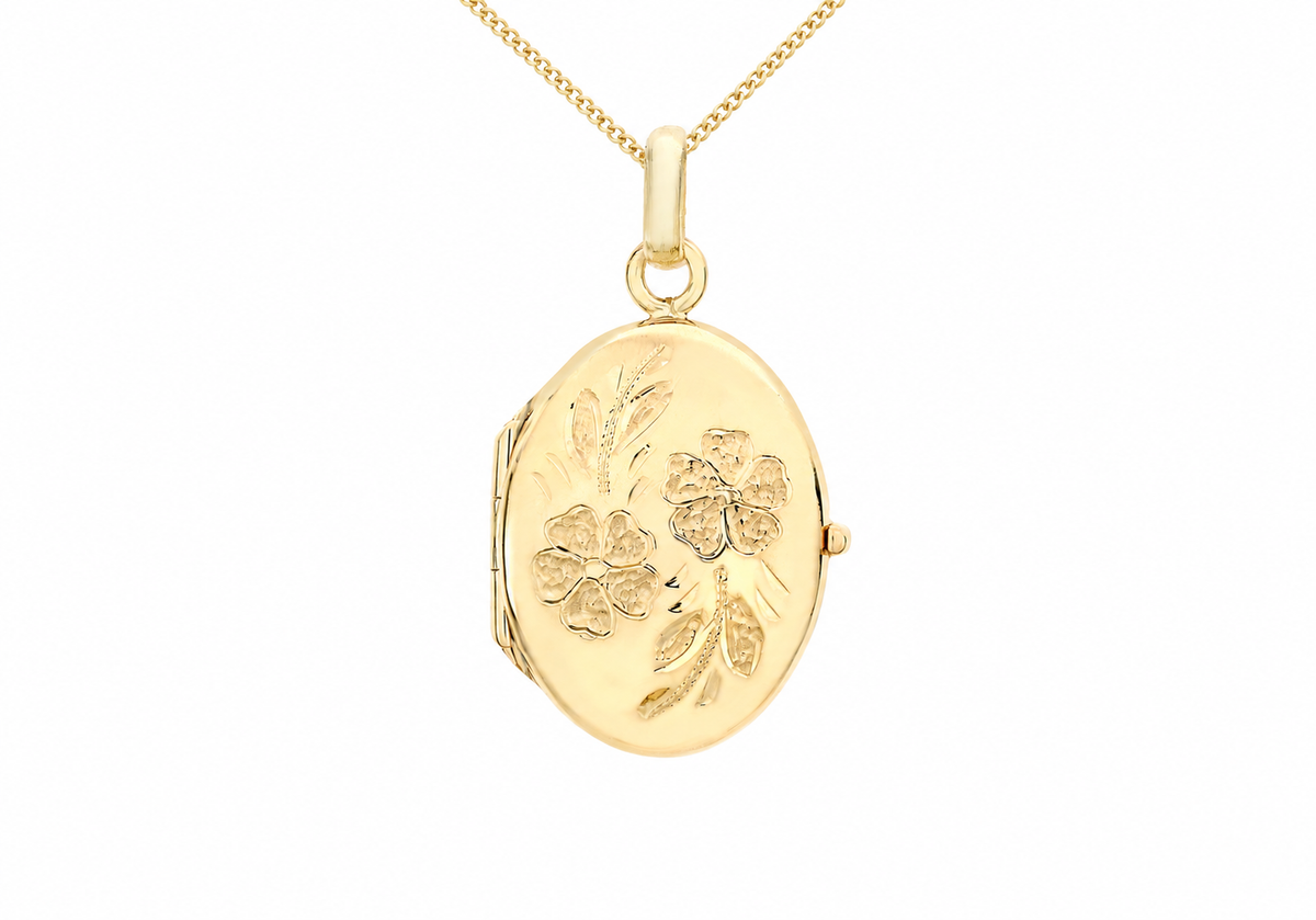 9ct Yellow Gold Engraved Floral Oval Locket Pendant