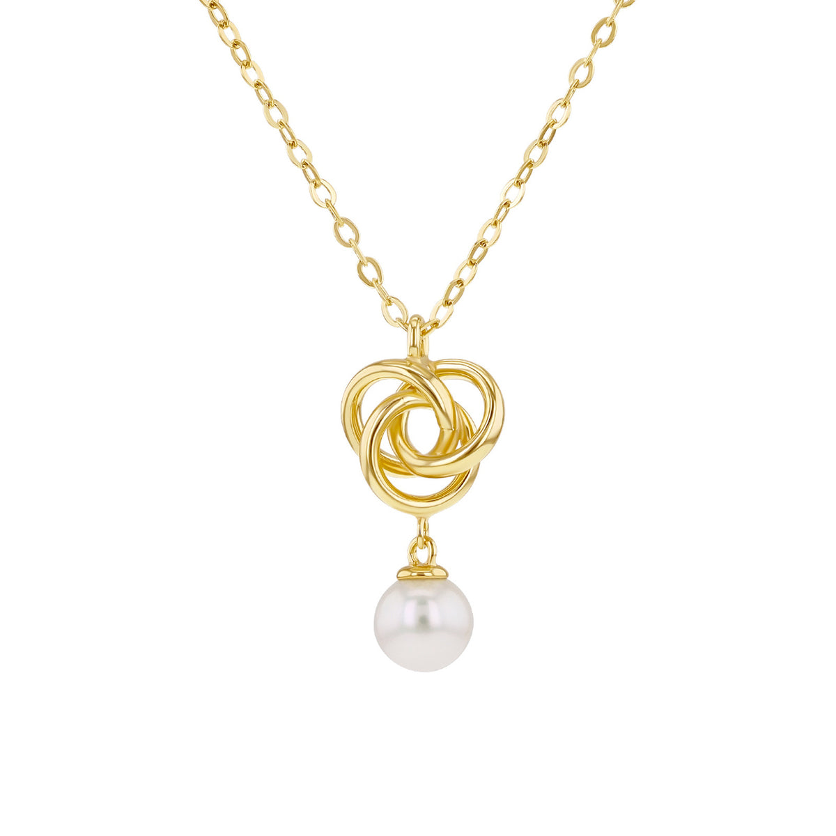 A gold chain necklace featuring an intricate interlocking knot pendant with a single dangling white pearl, shown against a solid white background.