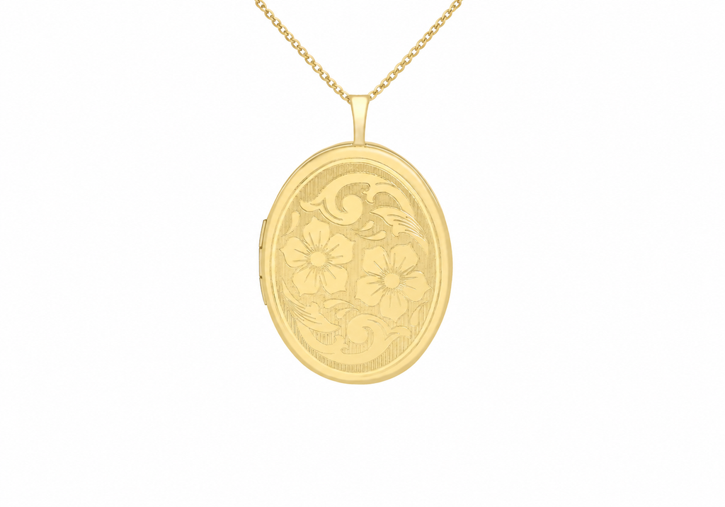 9ct Yellow Gold Etched Flower Detail Oval Locket
