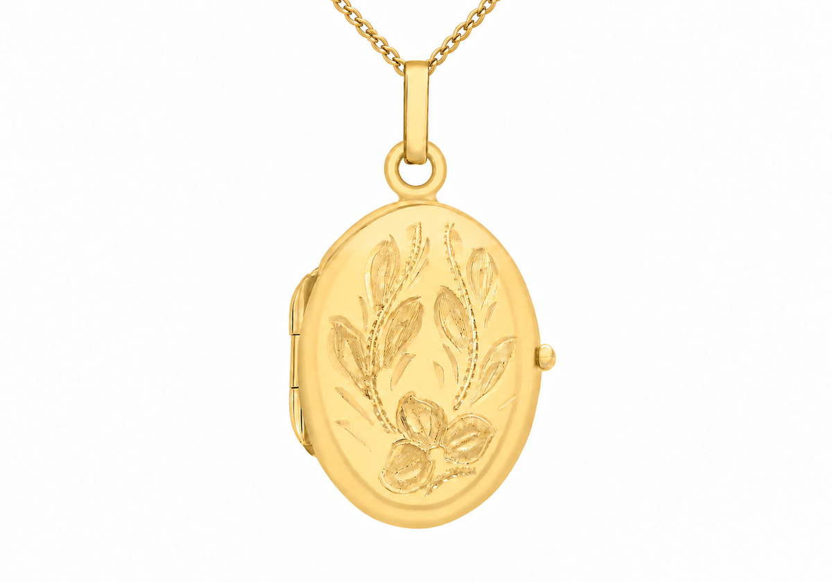 9ct Yellow Gold Etched Flower Oval Locket