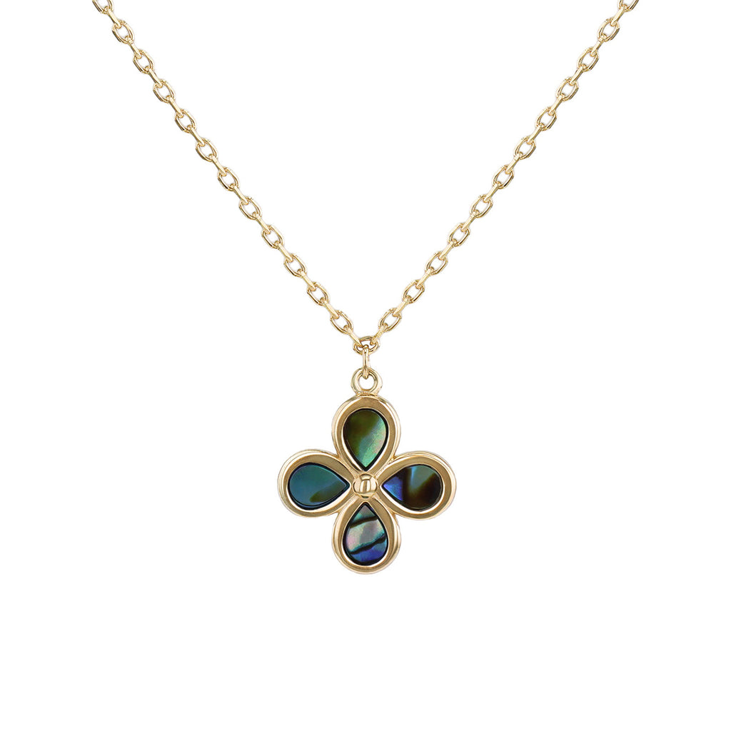 A gold chain necklace with a four-petal flower pendant set with iridescent abalone shell inlays and a small central diamond, shown on a plain white background.