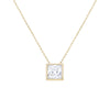 A gold chain necklace with a square princess-cut diamond pendant in a yellow gold bezel setting, shown against a plain white background.