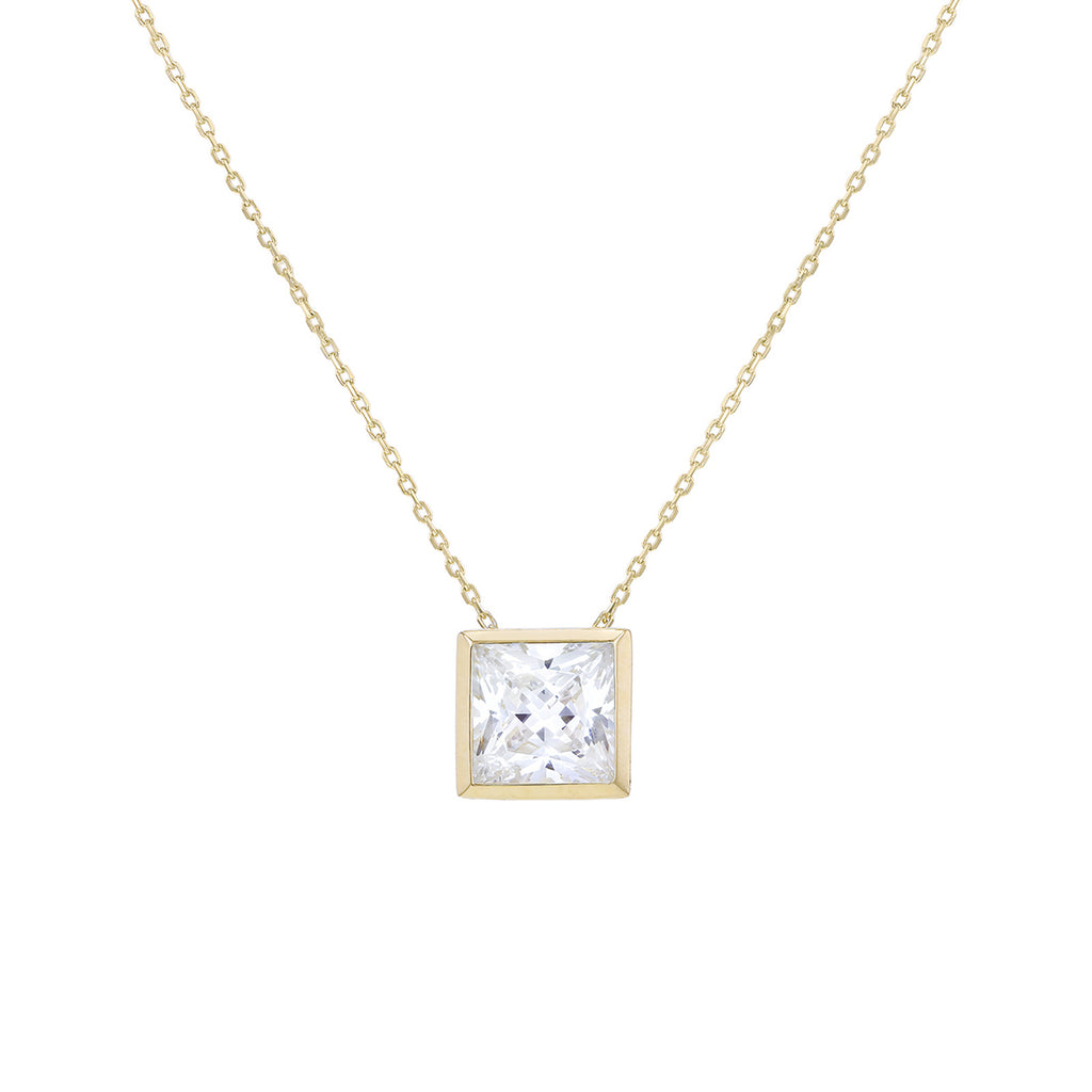 A gold chain necklace with a square princess-cut diamond pendant in a yellow gold bezel setting, shown against a plain white background.