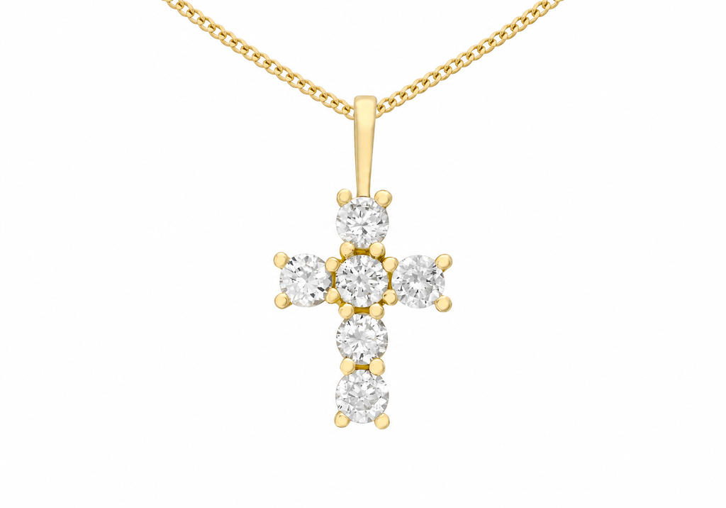 A yellow gold cross pendant necklace with five clear round-cut gemstones, shown on a plain white background.