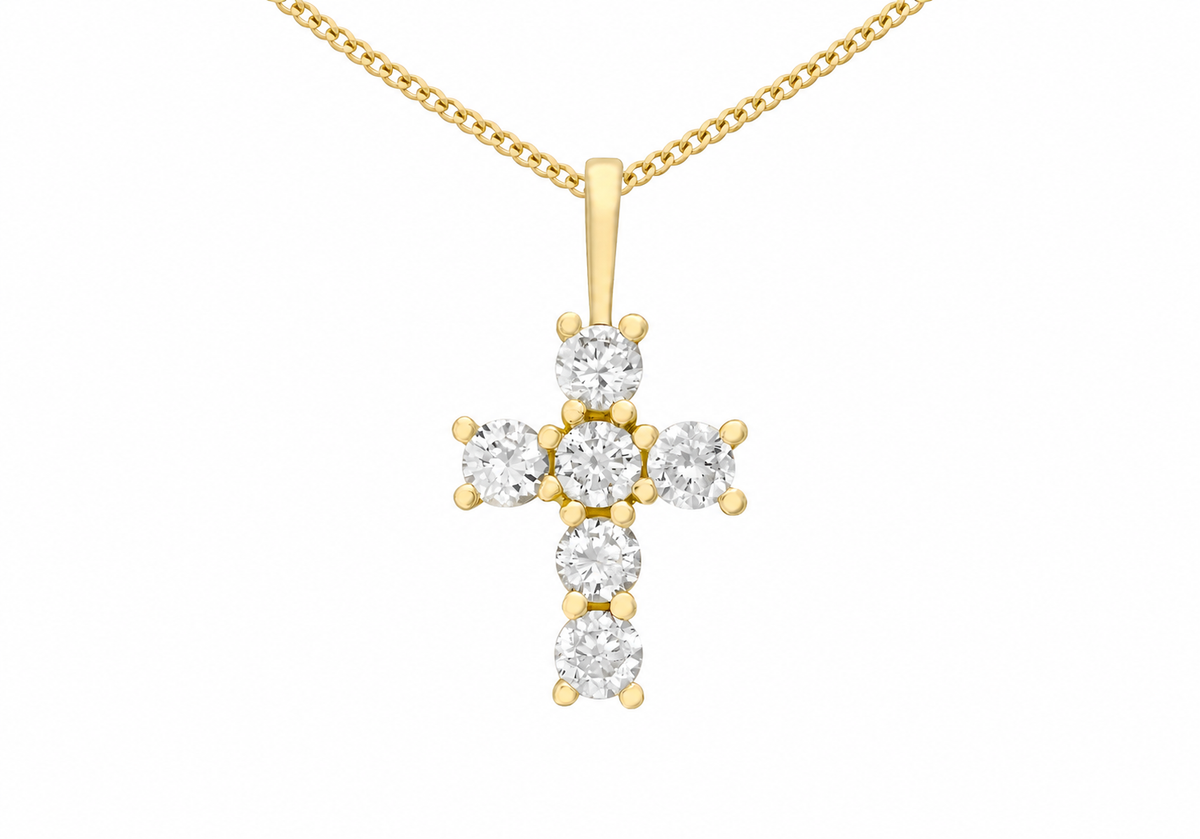 A yellow gold cross pendant necklace with five clear round-cut gemstones, shown on a plain white background.