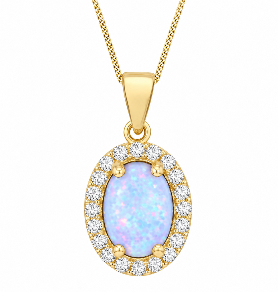 A yellow gold oval pendant necklace featuring a central iridescent white opal surrounded by a halo of small clear stones, suspended from a gold chain on a white background.
