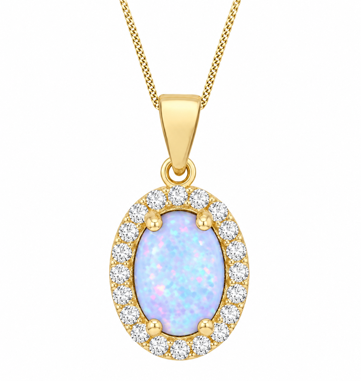 A yellow gold oval pendant necklace featuring a central iridescent white opal surrounded by a halo of small clear stones, suspended from a gold chain on a white background.