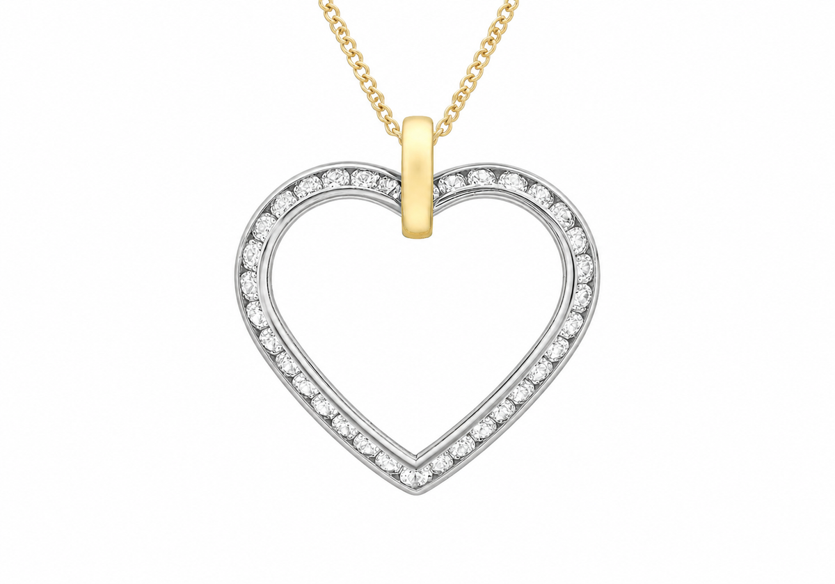 A heart-shaped open pendant necklace featuring a silver-toned outer border paved with small clear stones and a polished yellow gold top bar and chain, shown on a plain white background.
