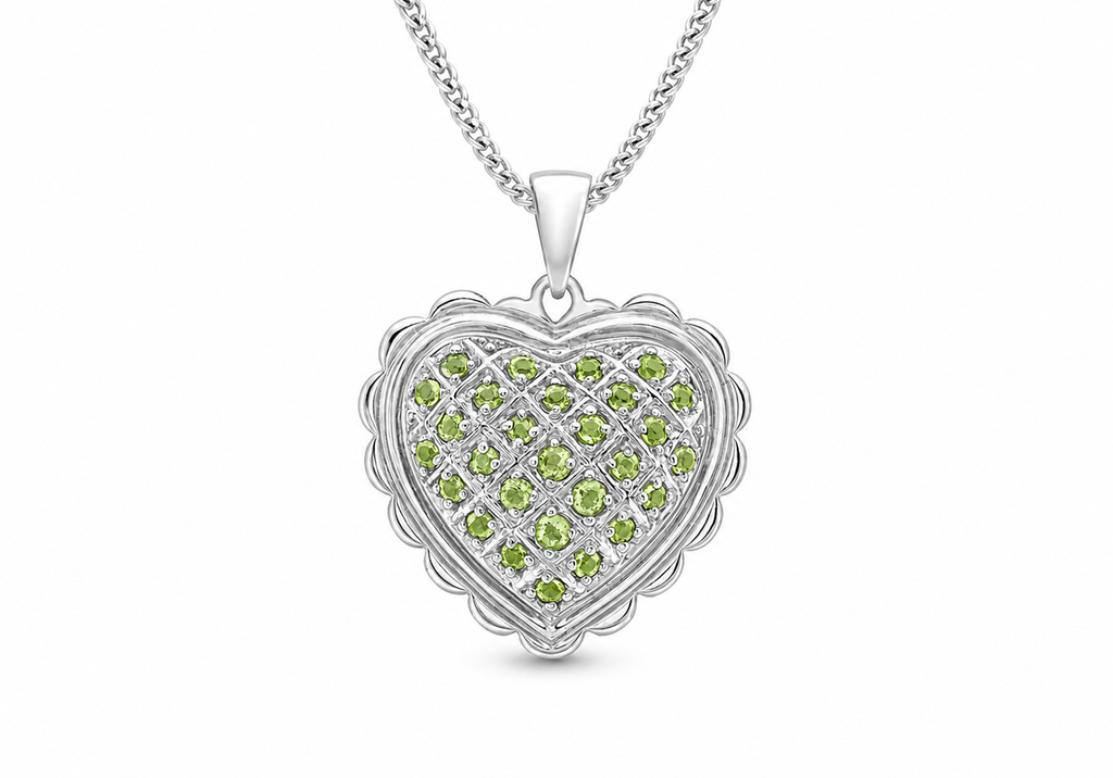 18ct White Gold Peridot Scallop Edge Heart Pendant