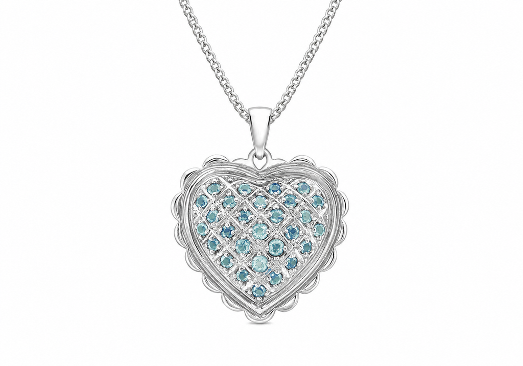 18ct White Gold Blue Topaz Scallop Edge Heart Pendant