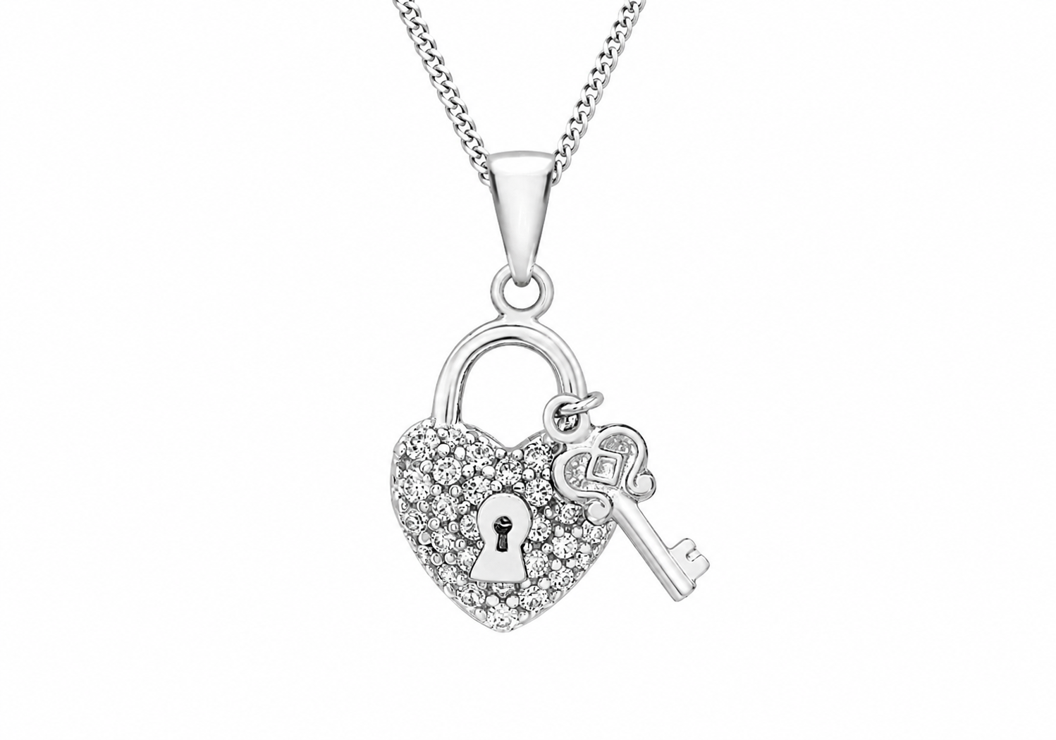 9ct White Gold Zirconia Heart Padlock & Key Pendant