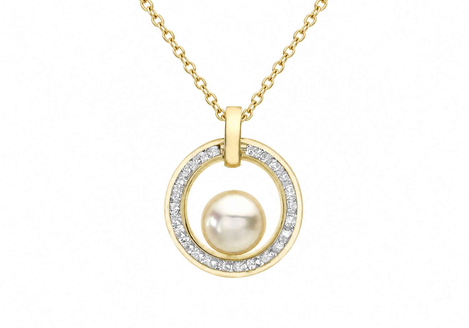 9ct Yellow Gold Zirconia Halo & Freshwater Pearl Pendant