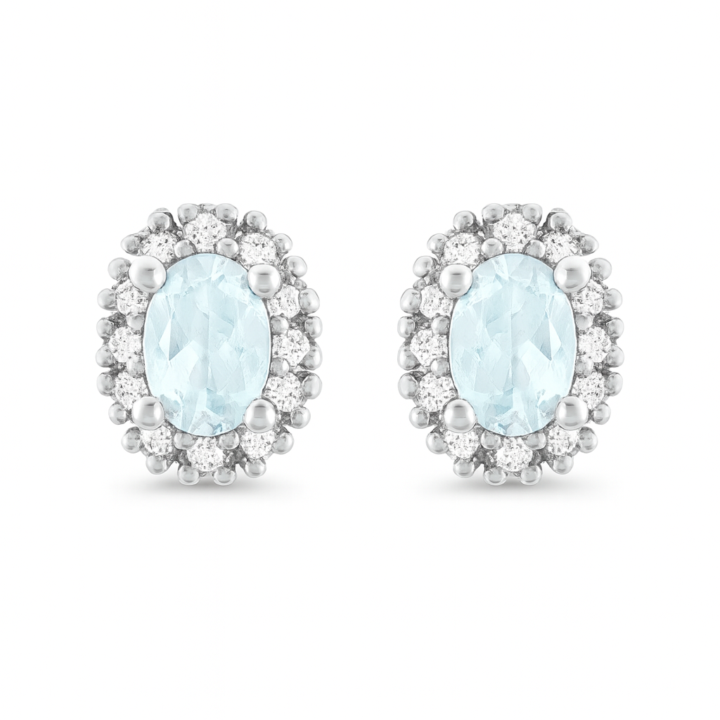 9ct White Gold 0.10ct Diamond Cluster Oval Aquamarine Stud Earrings