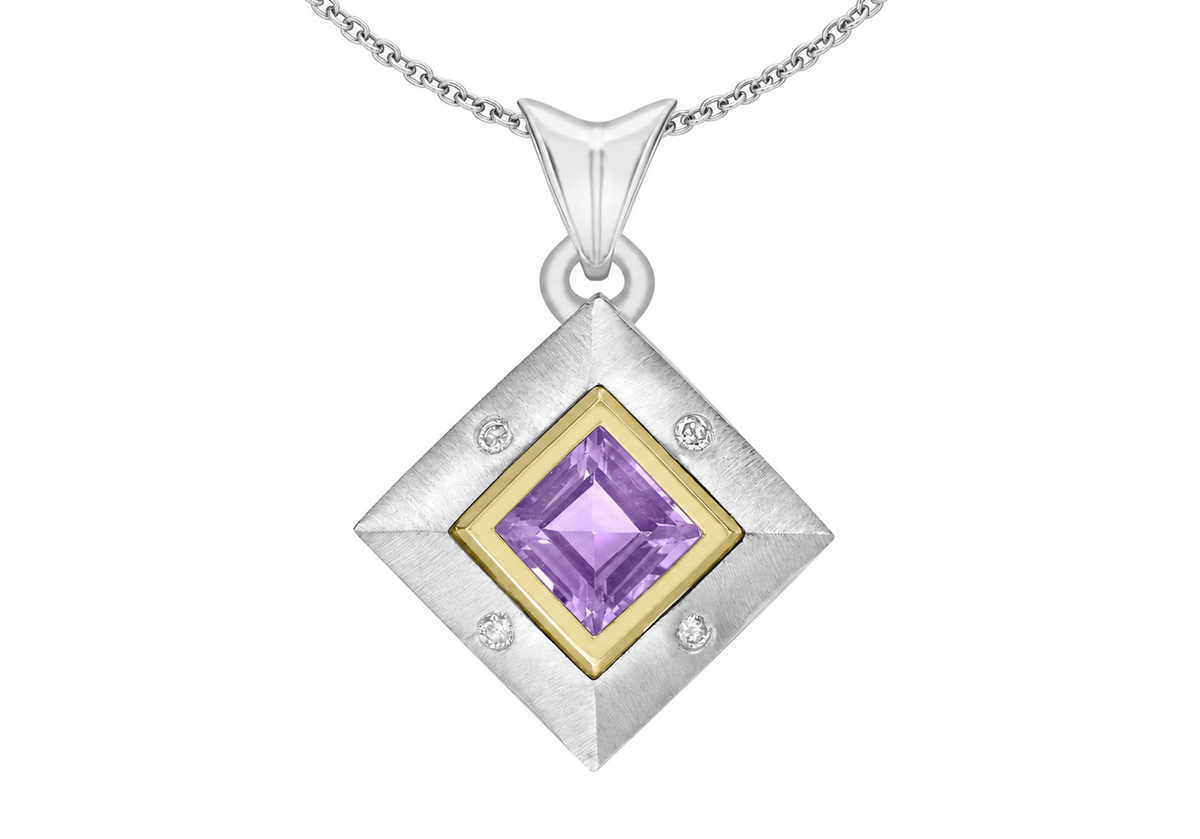 9ct Two-Tone Gold 0.10ct Diamond & Square-Cut Amethyst Pendant