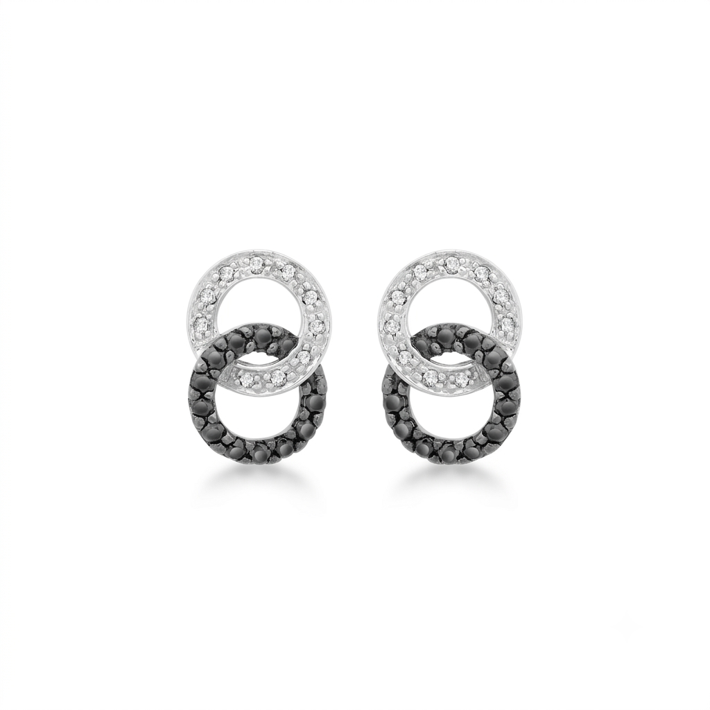 9ct бяло злато 0,40ct черни и бели диамантени двойни обеци с пръстени