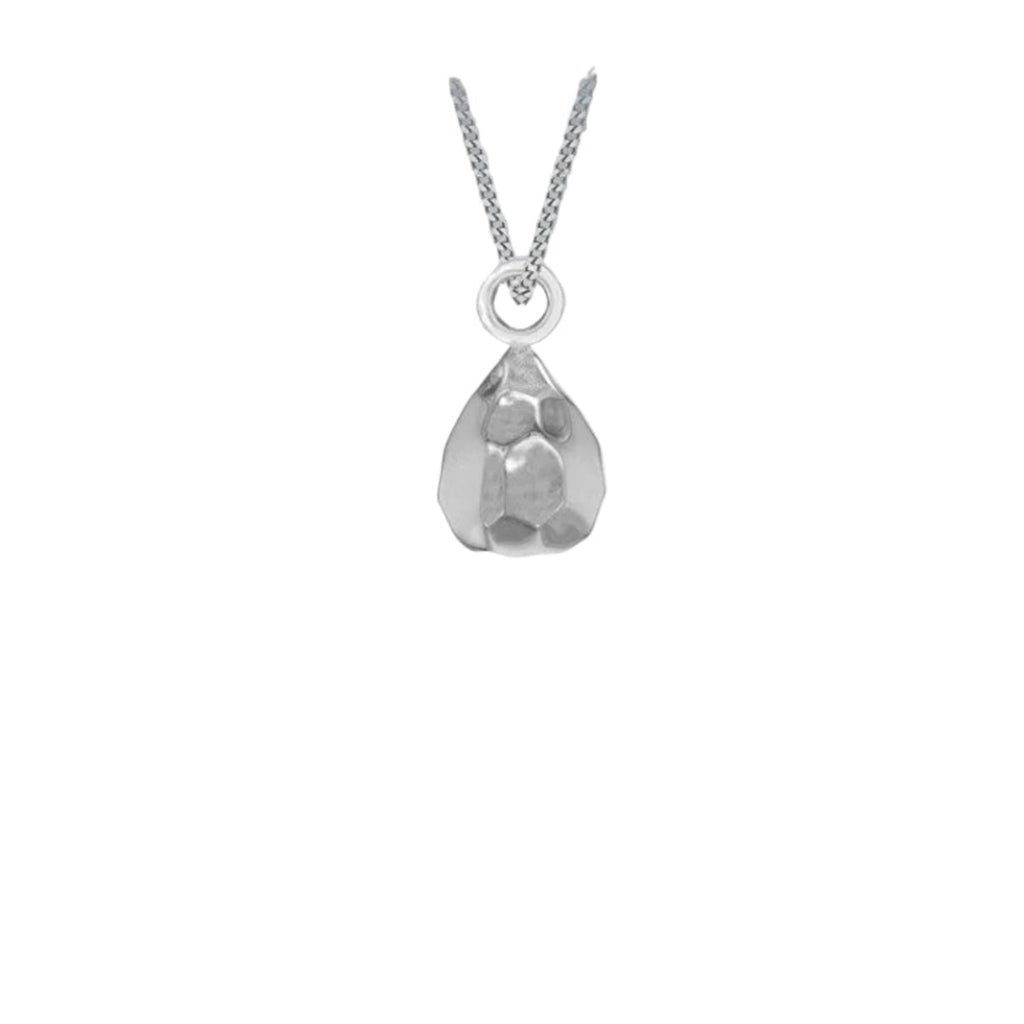 Silver teardrop pendant necklace on a white background
