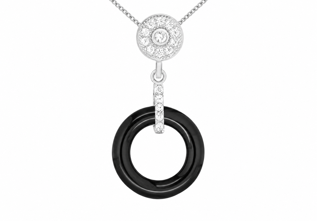 Sterling Silver Black Ceramic & White Zirconia Circle Drop Pendant