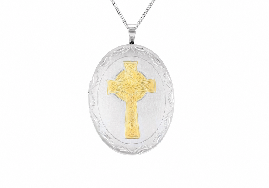 Sterling Silver Etched Celtic Cross Detail Oval Locket