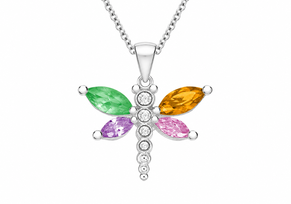 A silver dragonfly pendant necklace featuring four marquise-cut gemstones in green, orange, pink, and purple, with a central column of clear round-cut stones, shown on a white background.