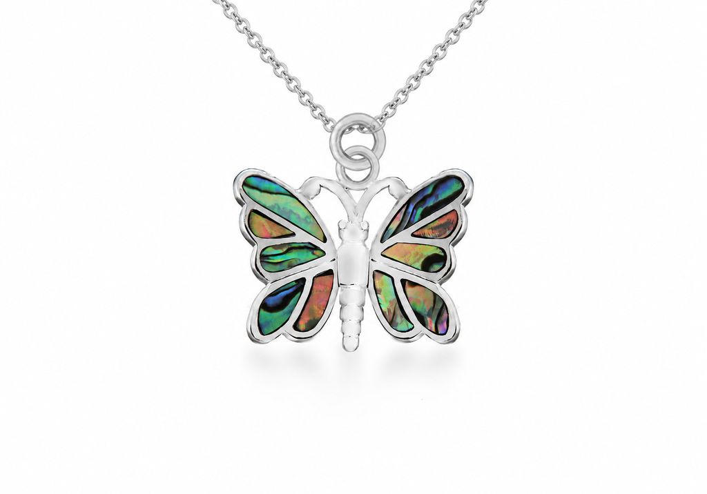 A silver butterfly pendant necklace featuring iridescent abalone shell inlay on the wings, shown on a clean white background.