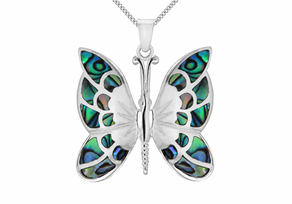 Sterling Silver Paua Shell Openwork Butterfly Pendant