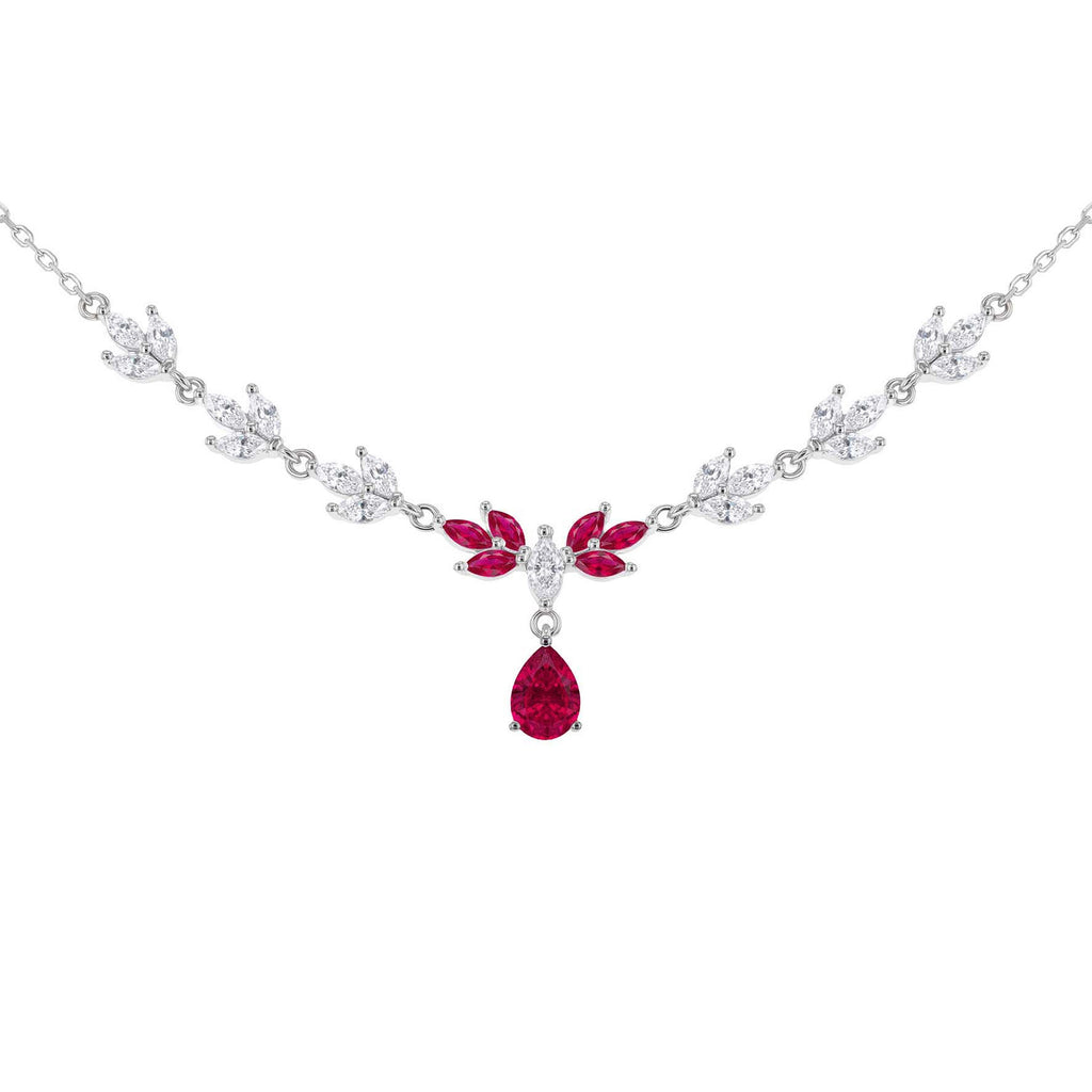A silver-toned necklace featuring a central floral motif with three marquise-cut pink gemstones and a dangling pear-shaped pink gemstone, accented by small clear stones along the chain.