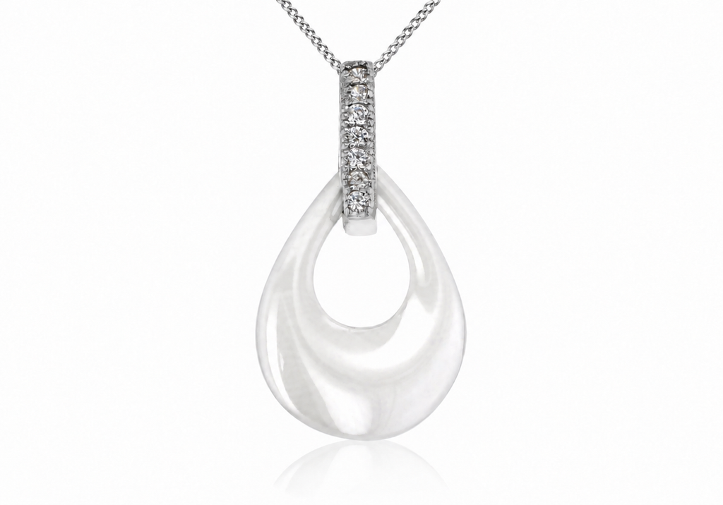 Sterling Silver Rhodium Plated White Ceramic Zirconia Set Teardrop Pendant