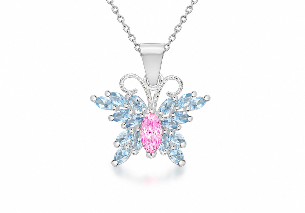 A silver butterfly pendant necklace featuring a central pink marquise-cut gemstone surrounded by light blue marquise-cut gemstones, suspended from a silver chain on a white background.