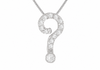  silver-tone question mark pendant necklace paved with clear round-cut gemstones, hanging from a matching chain against a plain white background.