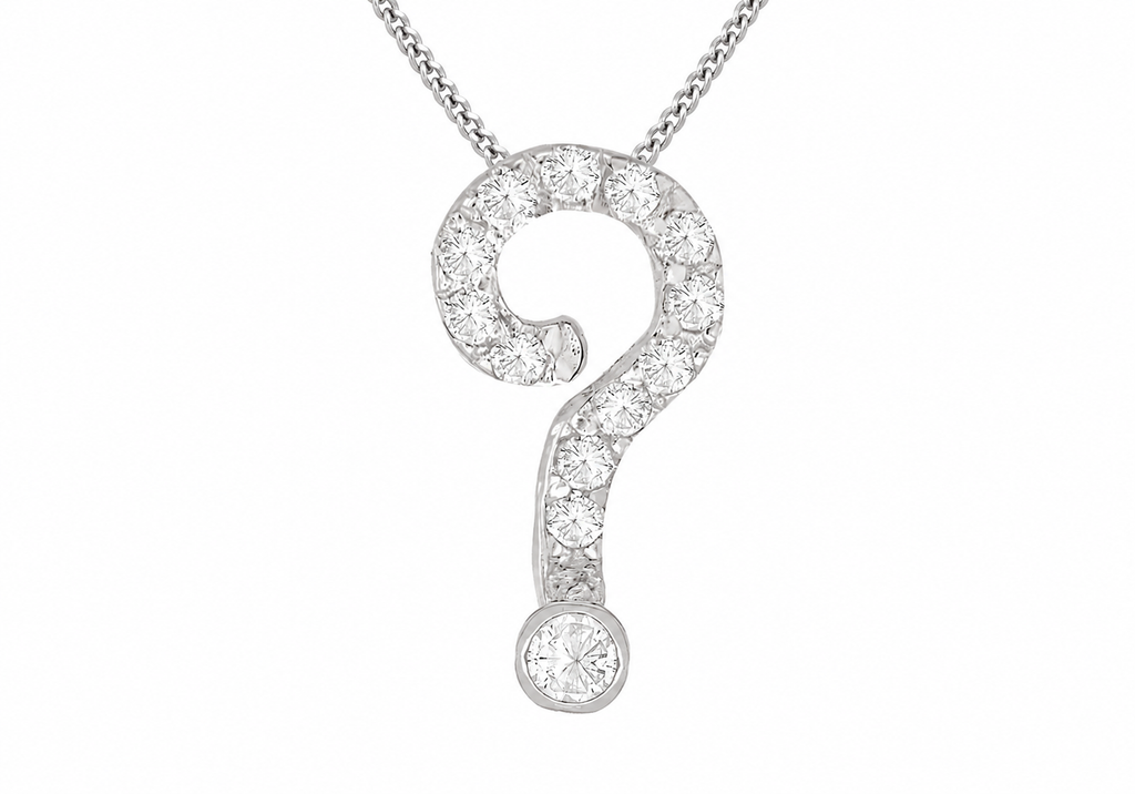  silver-tone question mark pendant necklace paved with clear round-cut gemstones, hanging from a matching chain against a plain white background.