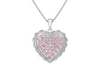 A silver heart-shaped pendant necklace featuring a grid pattern of small pink gemstones, suspended from a delicate silver chain against a light gray background.
