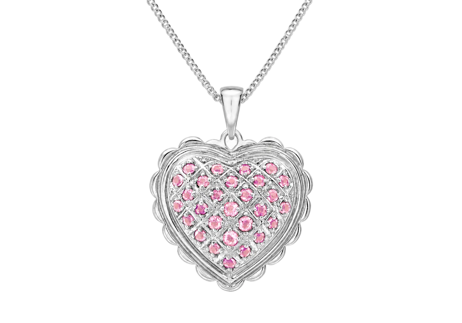 A silver heart-shaped pendant necklace featuring a grid pattern of small pink gemstones, suspended from a delicate silver chain against a light gray background.