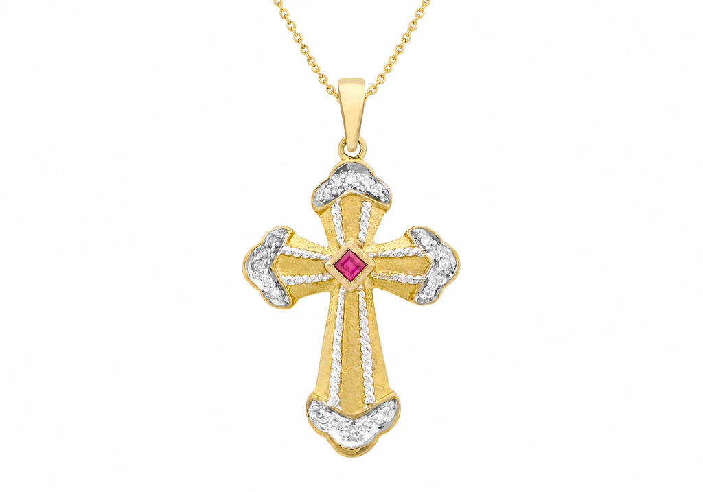 Висулка от 9-каратово жълто злато с диаманти и рубин 0.07 карата