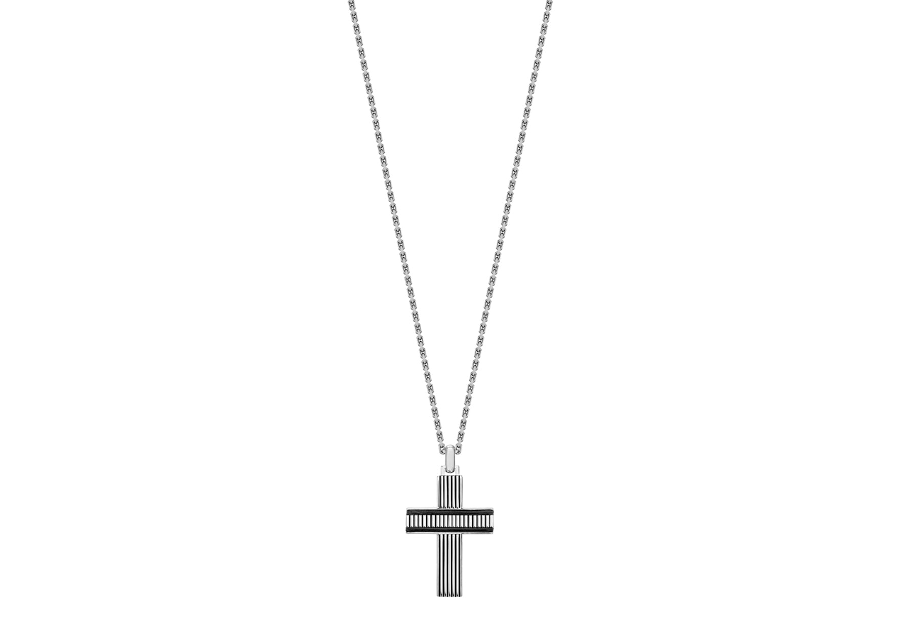 Hoxton London Men's Sterling Silver Bold Leather Ribbed Cross Adjustable Necklace