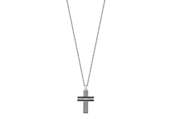 Hoxton London Men's Sterling Silver Bold Leather Ribbed Cross Adjustable Necklace