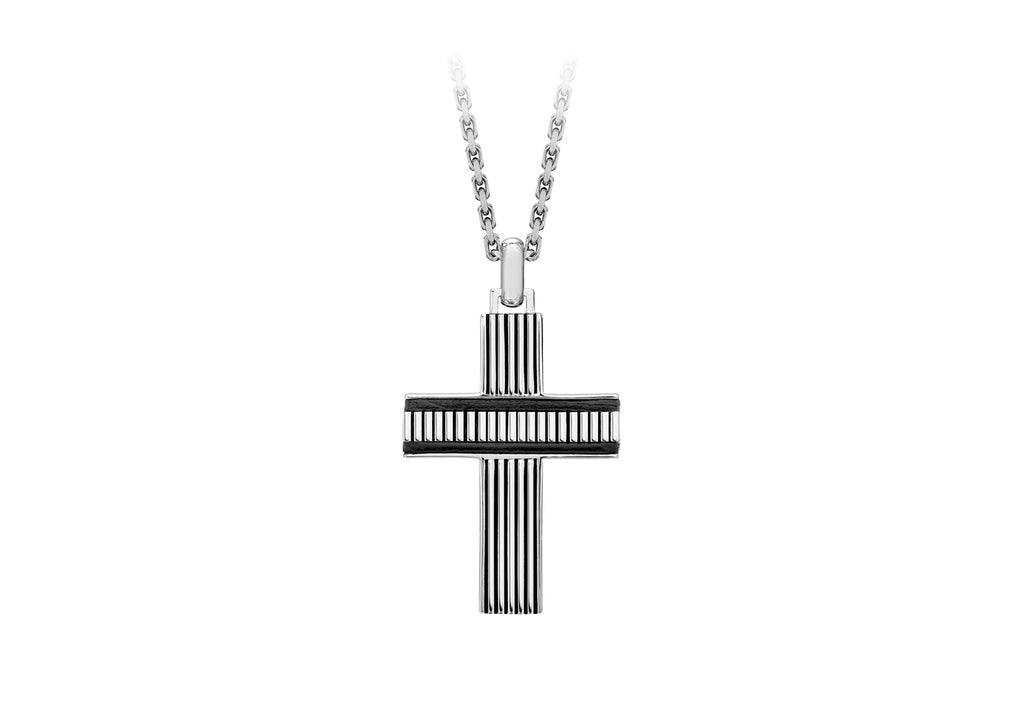 Hoxton London Men's Sterling Silver Bold Leather Ribbed Cross Adjustable Necklace