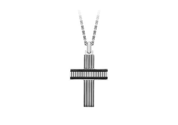 Hoxton London Men's Sterling Silver Bold Leather Ribbed Cross Adjustable Necklace