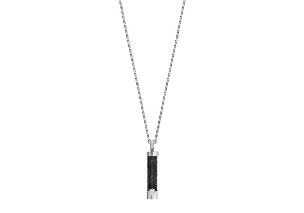 Hoxton London Men's Sterling Silver Black Leather Inlay ylindrial Drop Adjustable Pendant