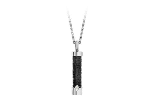 Hoxton London Men's Sterling Silver Black Leather Inlay ylindrial Drop Adjustable Pendant