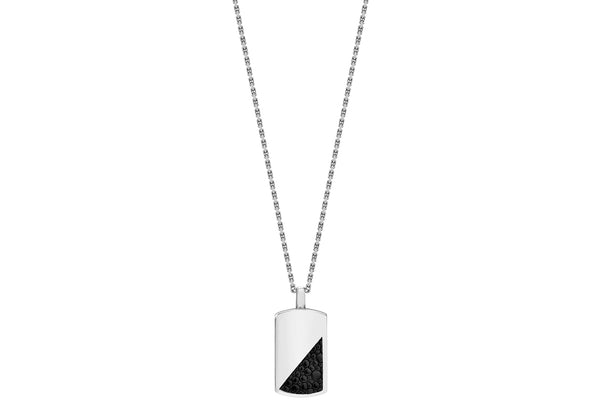 Hoxton London Men's Sterling Silver Black Leather Inlay Dog Tag Adjustable Necklace