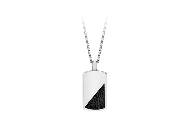 Hoxton London Men's Sterling Silver Black Leather Inlay Dog Tag Adjustable Necklace