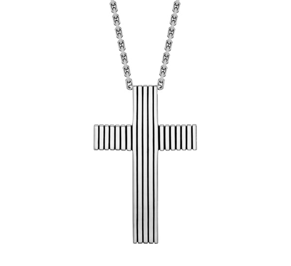 Hoxton London Men's Sterling Silver Striped Cross Adjustable Necklace