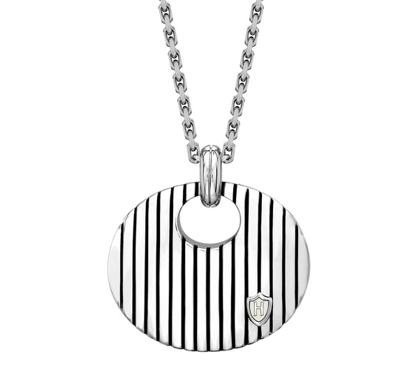 Hoxton London Men's Sterling Silver Striped Round Pendant Adjustable Necklace