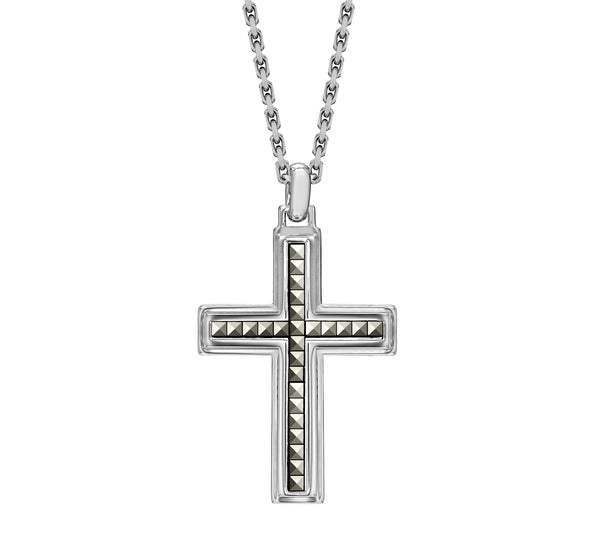 Hoxton London Men's Sterling Silver Pyramid Marasite-Set Cross Adjustable Necklace