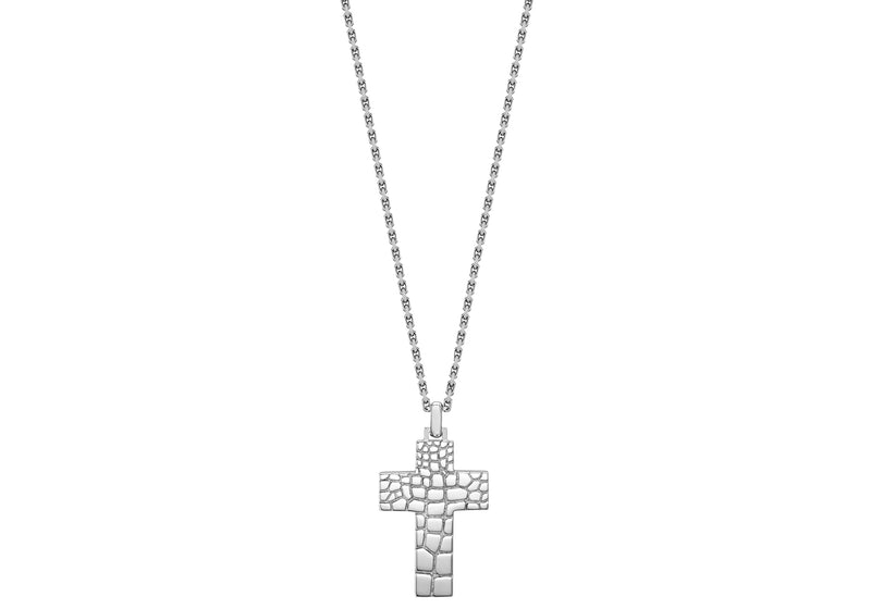 Hoxton London Men's Sterling Silver Wild roodile Pattern Cross Adjustable Necklace