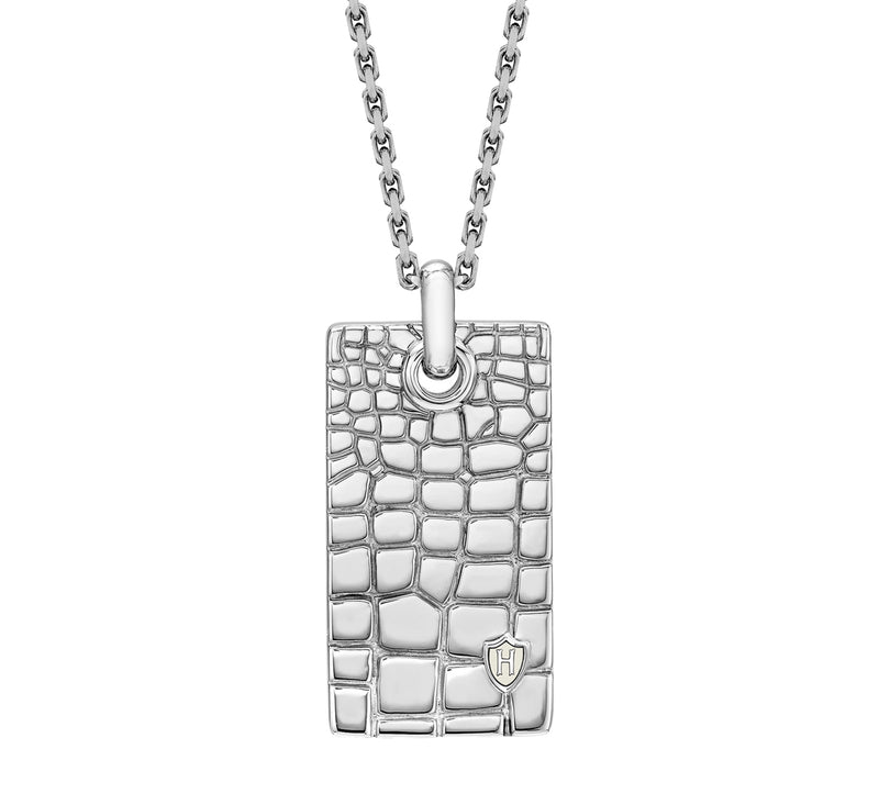 Hoxton London Men's Sterling Silver Wild Crocodile Pattern Dog Tag Adjustable Necklace